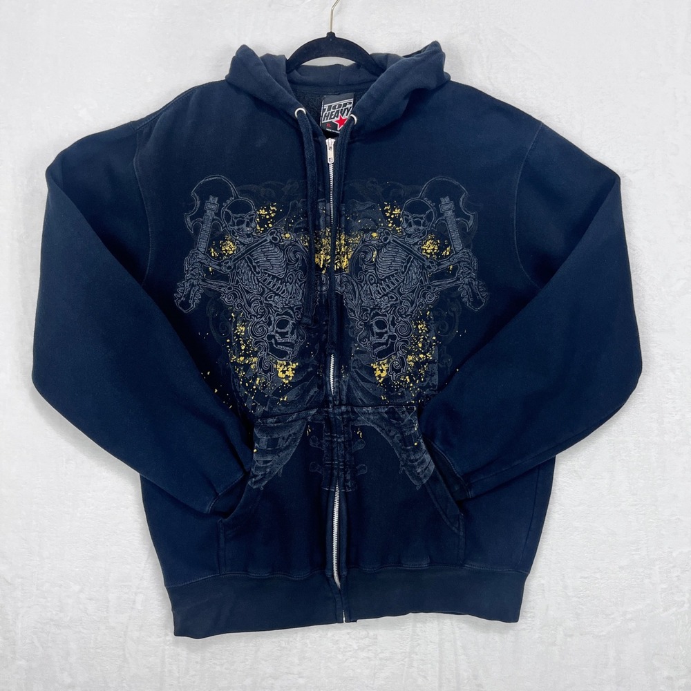 Vintage Top Heavy Full Zip Hoodie Men's XL Black Skulls Bones Graphic Y2K 2009